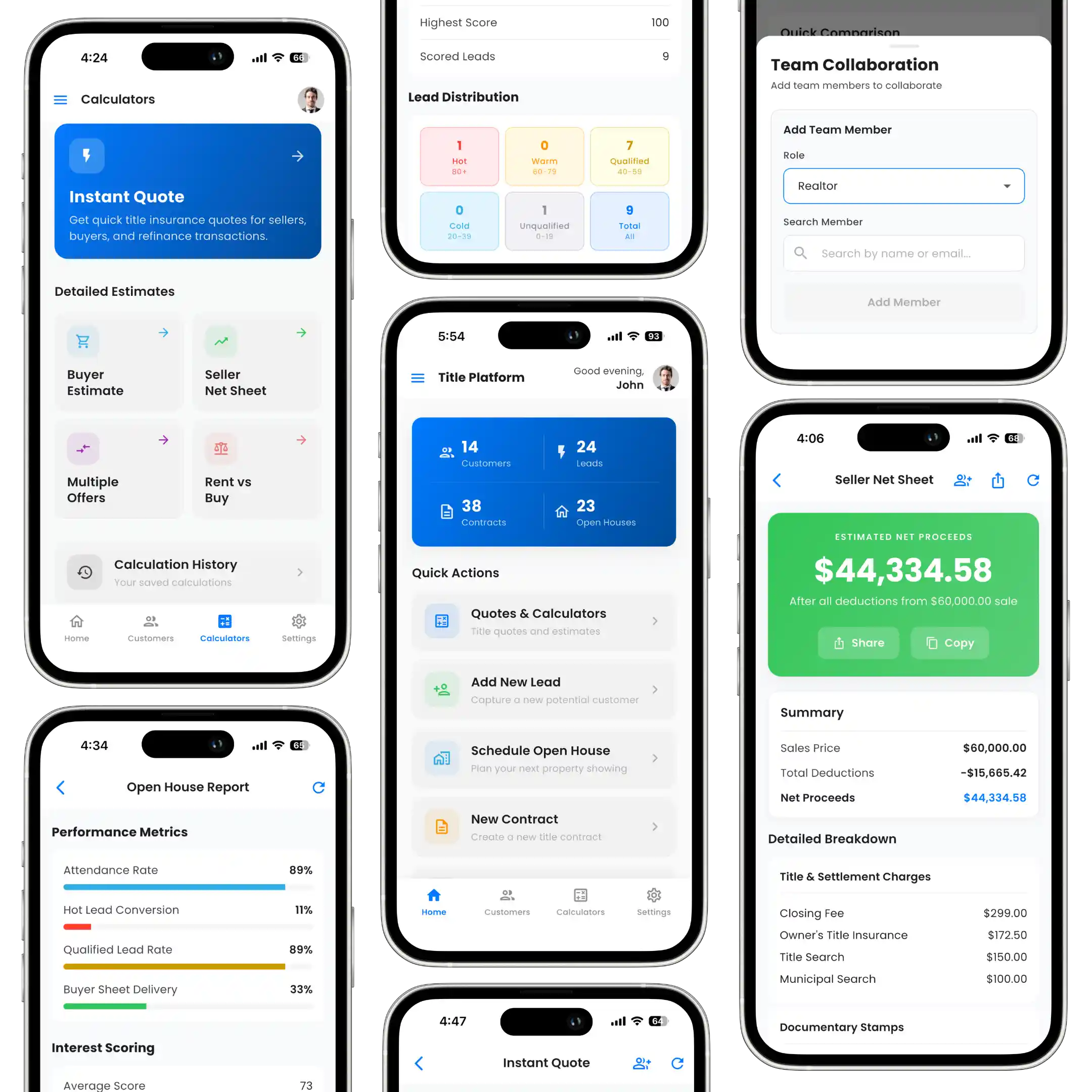 Title Platform mobile app screenshots showing calculators, lead management, and team collaboration features